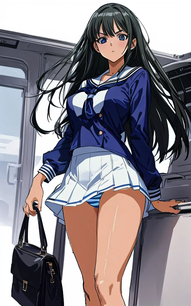 A beautiful woman with shoulder-length black hair, big breasts, beautiful legs, and a sharp face is wearing a sailor uniform with a white miniskirt, showing light blue and blue striped panties, and glaring at a middle-aged man in a suit on the bus. I'm standing there。