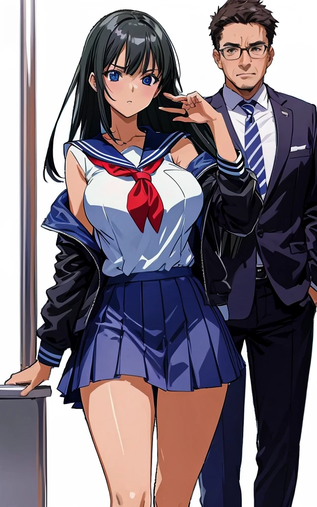 A beautiful woman with shoulder-length black hair, big breasts, beautiful legs, and a sharp face is wearing a sailor uniform with a white miniskirt, showing light blue and blue striped panties, and is meeting a middle-aged man in a suit on a crowded train. standing facing each other。