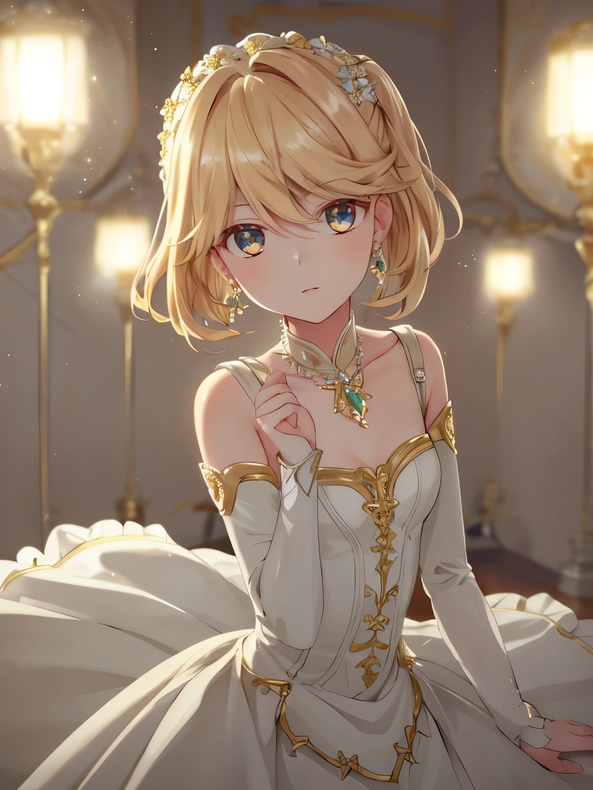 masterpiece, highest quality, tart 、Golden hair,figure,, platinum earrings, Platinum Necklace, white dress, 1 girl, cute, (dynamic lighting:1.2), cinematic lighting, delicate features, fine eyes, sharp pupils, realistic student, Depth of bounds written, Bokeh, sharp focus, (very detailed, bloom, shine:1.4), Many Small Gems