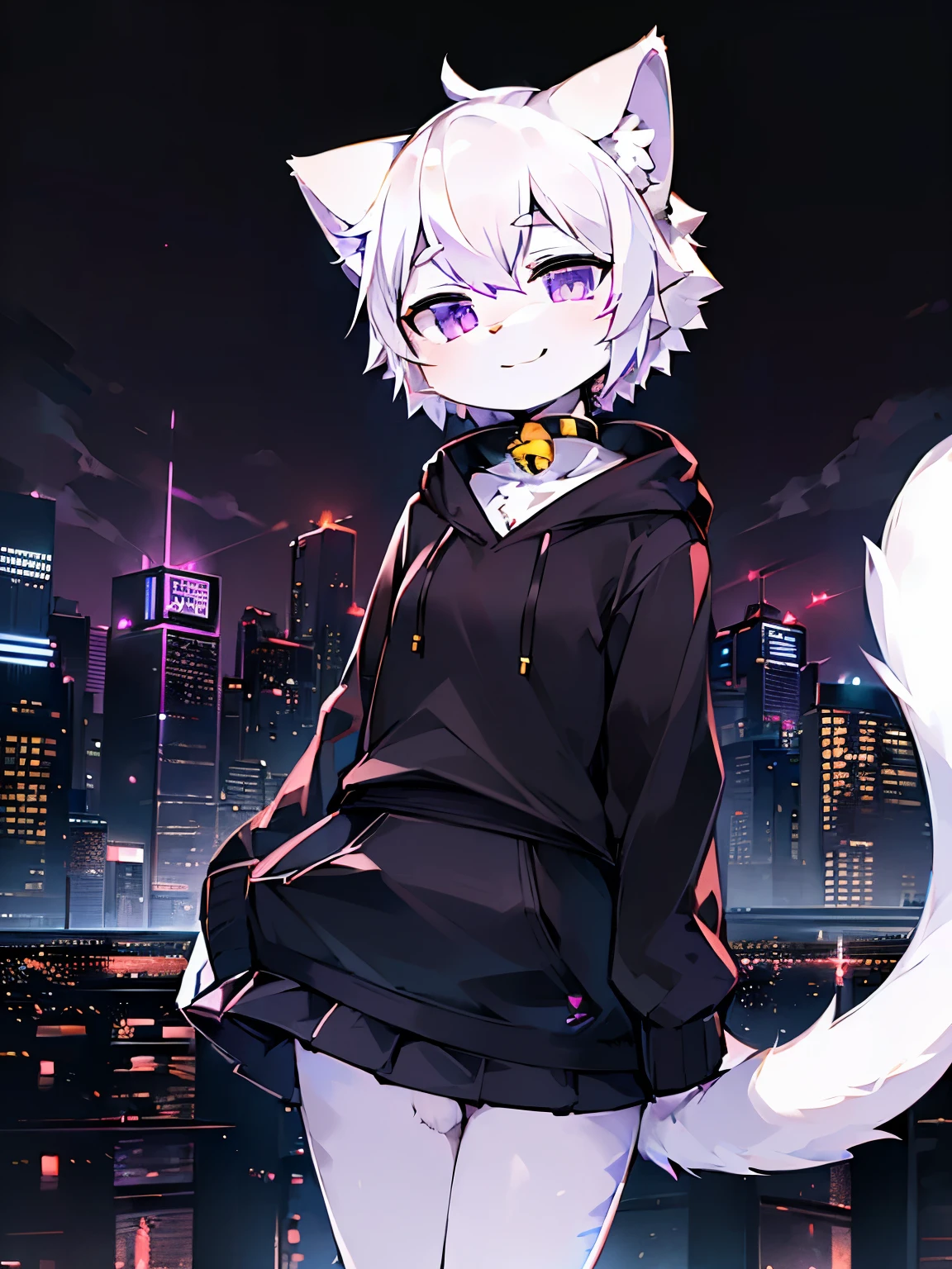 Solo, kemono, high details, 8k, ultra detailed, ((white cat, white hair, tail, purple eyes, black hoodie, black skirt, bell collar)) (look at camera, stand, smile softly) city background, cyberpunk, night time, city and lake, neon light (smooth line, detailed background, night time)