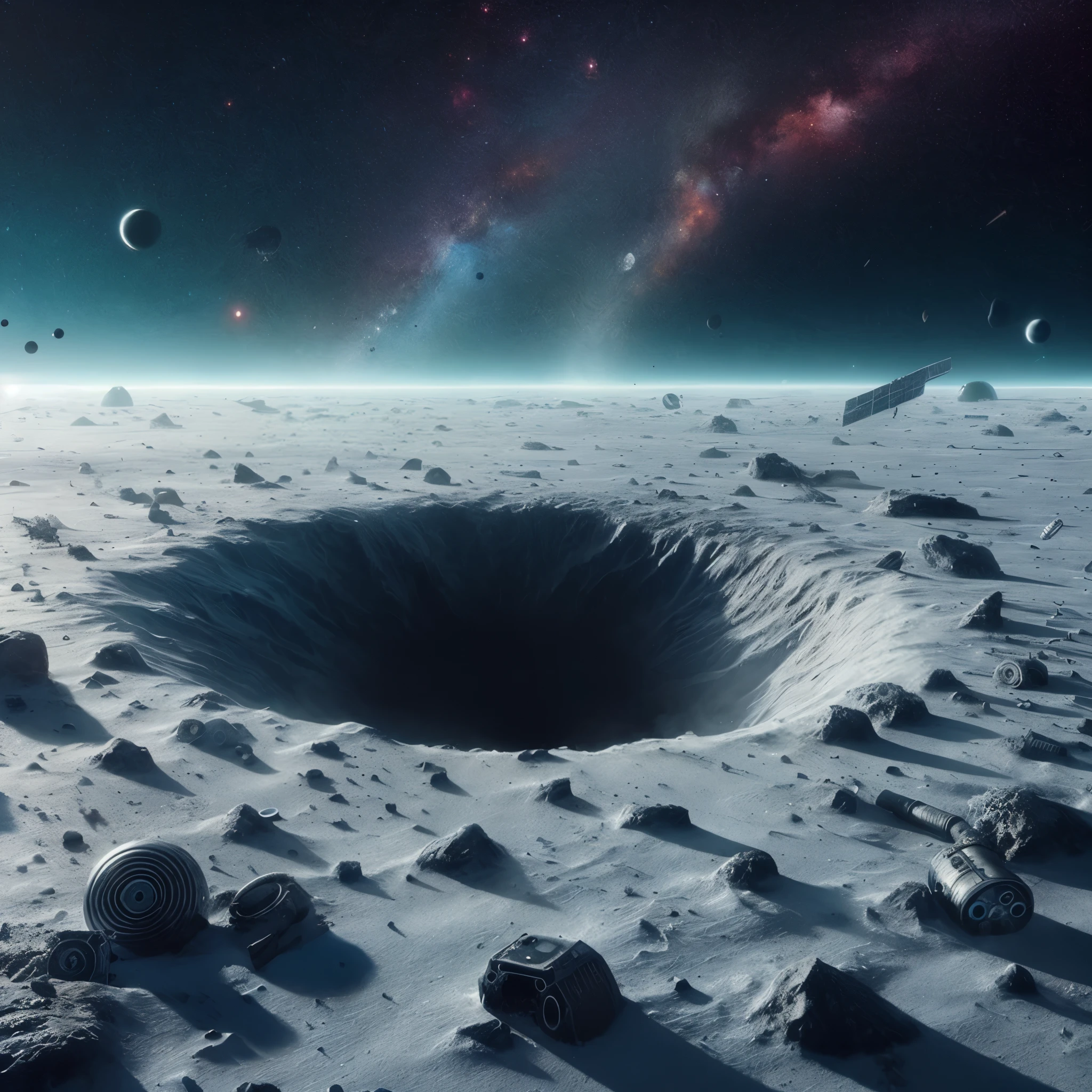 a view of a hole in the middle of a desert with rocks and planets in the background, beeple. hyperrealism, beeple and tim hildebrandt, greg beeple, beeple artwork, beeple and greg rutkowski, beeple art, by jessica rossier, by Beeple, beeple |