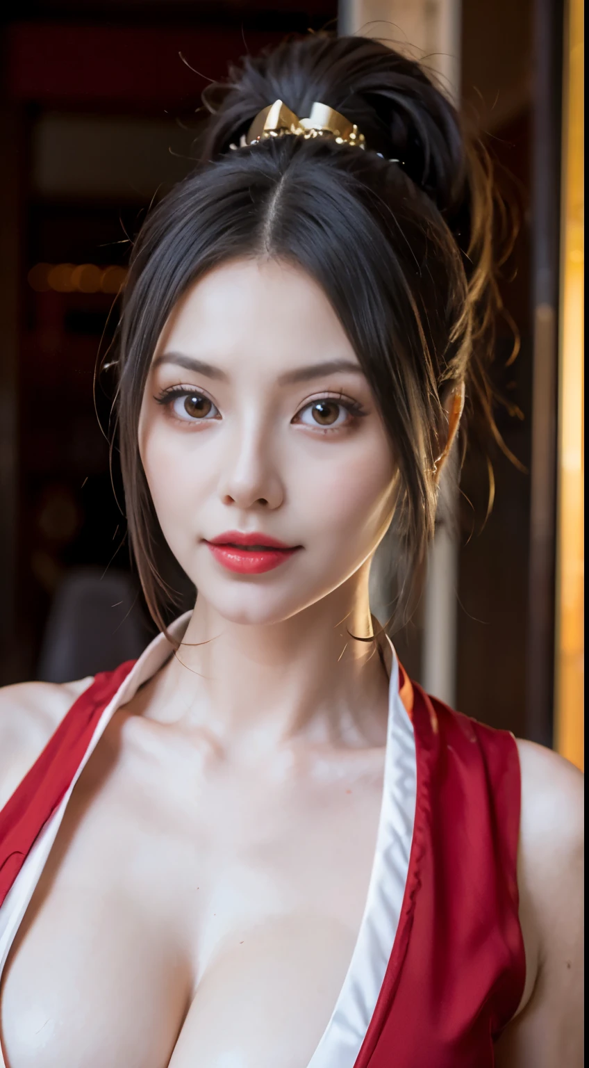 &quot;CG，Highest image quality，tmasterpiece，Delicate and delicate Bicheng，（（185cm美女）），（Tall and tall），Imperial sister，Queen temperament，with fair skin，Huge and saggy breasts，long leges，Perfect facial features，eyes with brightness，Redlip，Beautiful and cold，（Big break）），Delicate glowing eyes，Red and white kimono，Gorgeous kimono，Gold dress decoration，Brown hair long，High ponytail，4k画质，Ms. Cosmo， Modern age city，Realistic portrait，full bodyesbian:1.5