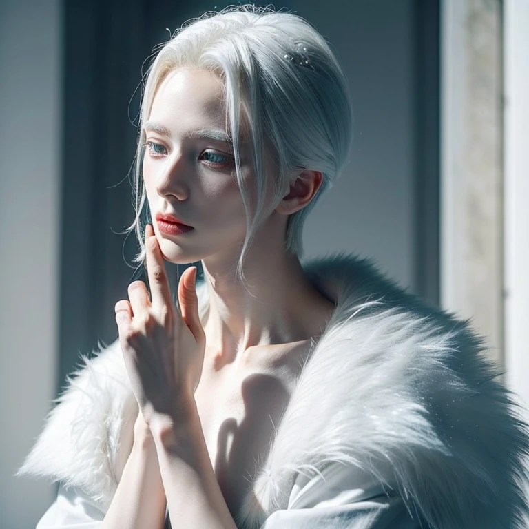 (1 boy, albino tall slender androgynous male Snow Queen, precious, fragile beauty, pristine, pale, translucent, he is immortal while he is cold, but the warmth of love will kill him, ice crown)