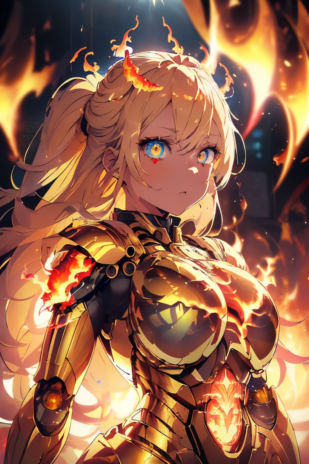 (girl with yellow eyes),(Golden shiny hair:1.3),(Blue eyes that reflect white light:1.1),(Clear Eyes Concept Art:1.2),Eyes that reflect red, yellow, and white,(Shine like the reflection of light in a photo),(super detailed:1.3),(eye reflection:1.2),(Close-up of one eye:1.25),(Flames fill the screen:1.6),(side view:1.2),(red shining armored suit:1.3),(machine body:1.35),(sophisticated mechanical body:1.25),(
