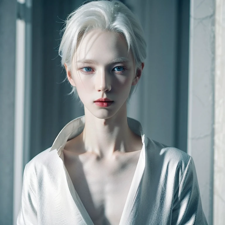 (1 boy, albino tall slender androgynous male Snow Queen, precious, fragile beauty, pristine, pale, translucent, he is immortal while he is cold, but the warmth of love will kill him, ice crown)