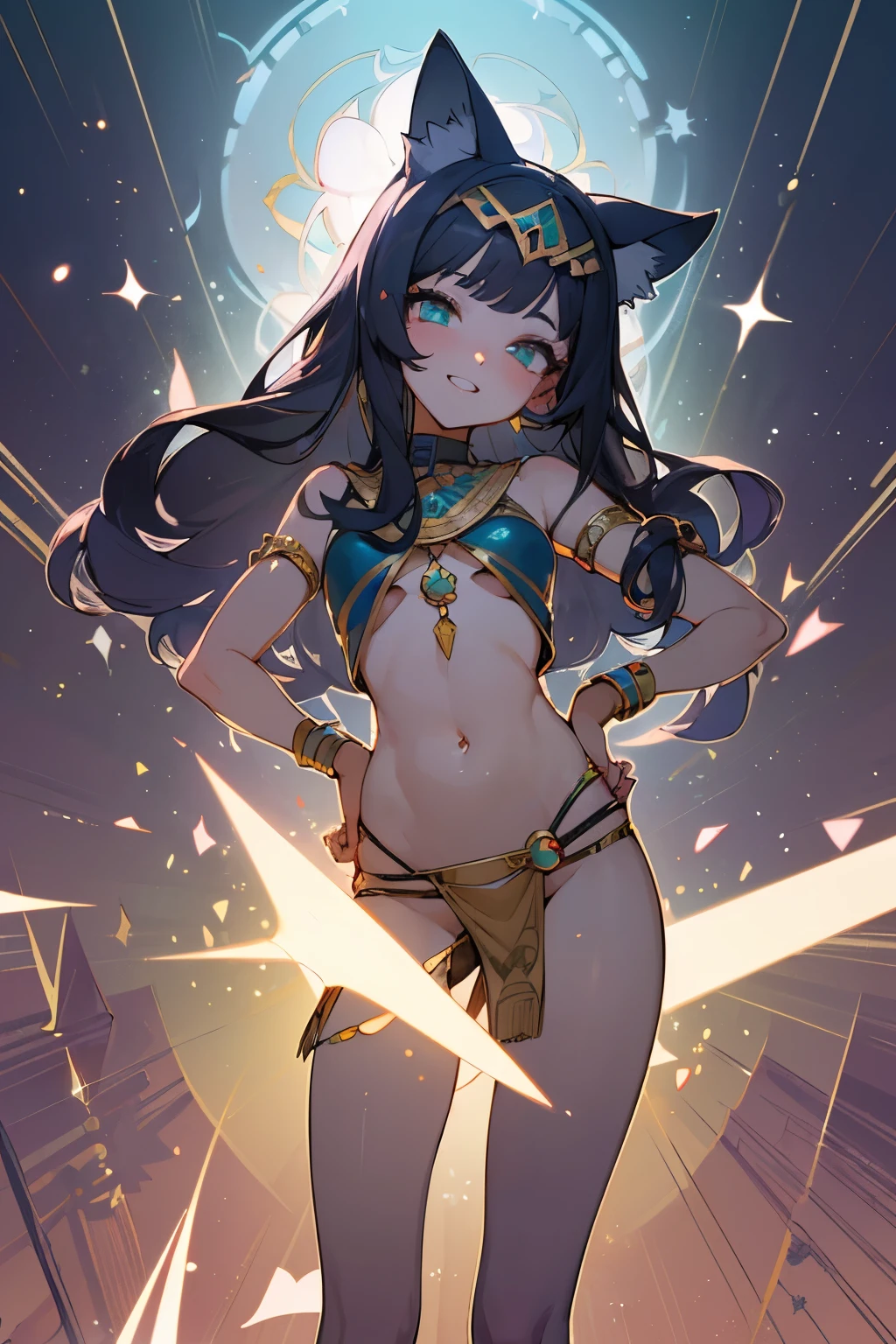 ((Masterpiece)), ((best quality)), (line art:1.3), Very pretty Egyptian girl, (Laugh frivolously), cute eyes, (put on cat ears), (trival tubetop), cute pose, crystal Ornaments, light particles, (trival long loincloth), Healthy skin, worried girl, cute world, really happy, ancient ruined overgrown, exposed naked stomach, ((place hands on hips))