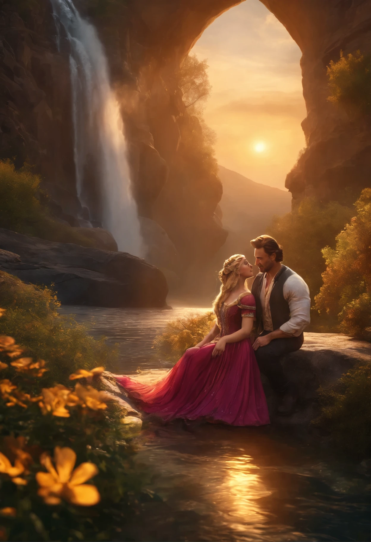 Rapunzel with her boyfriend on the edge of a waterfall realistic ultra detailed sunset lighting, cenario grama com girassol flores, butterflies flying 8k maximum resolution, ultra detailed resolution of face and character clothes hair mouth super detailed reflection water sun
