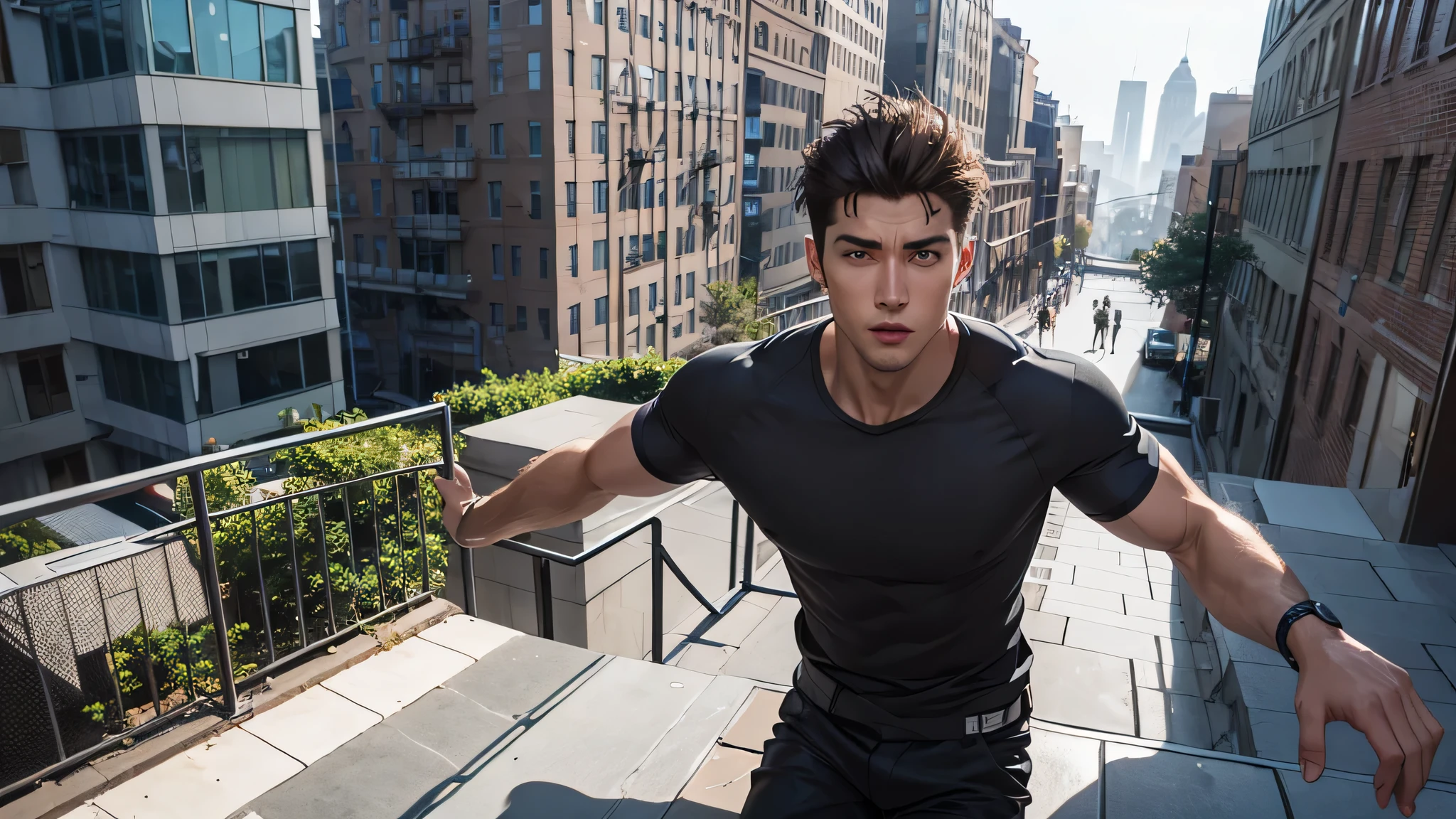 handsome man,parkour,high-rise building,team