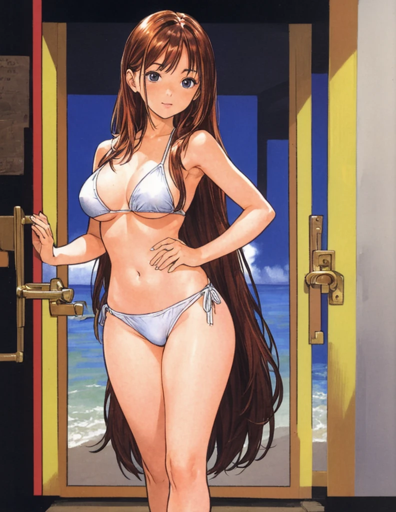 A beautiful woman with long, shoulder-length hair, big breasts, and beautiful legs is standing in a changing room wearing a white bikini.。diagonal。