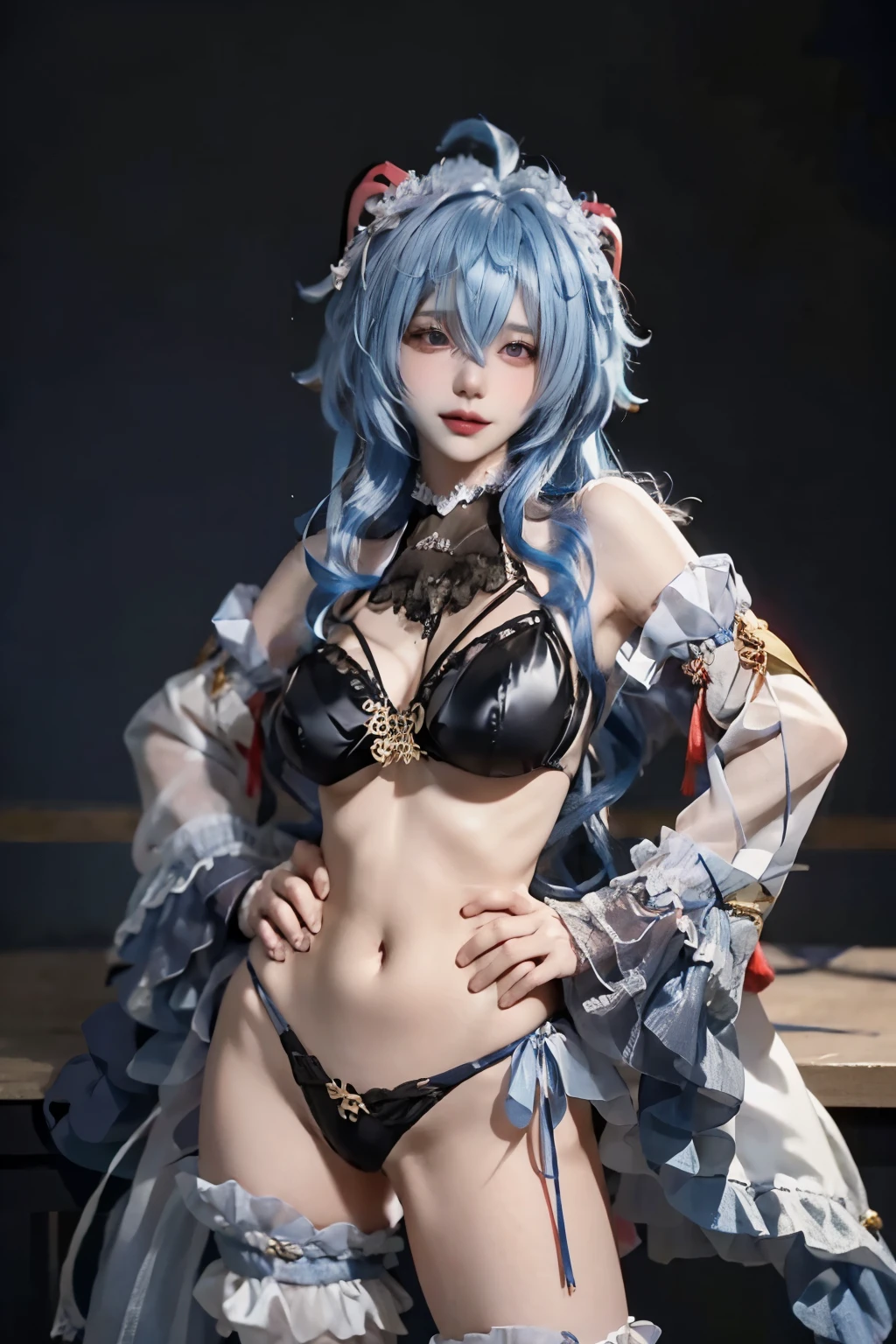 Perfect face, perfect body, perfect skin, Ganyu from genshin impact, blue hair, posing with one hand on her hip, facing the camera, naked, nude, hourglass figure, perfect tits