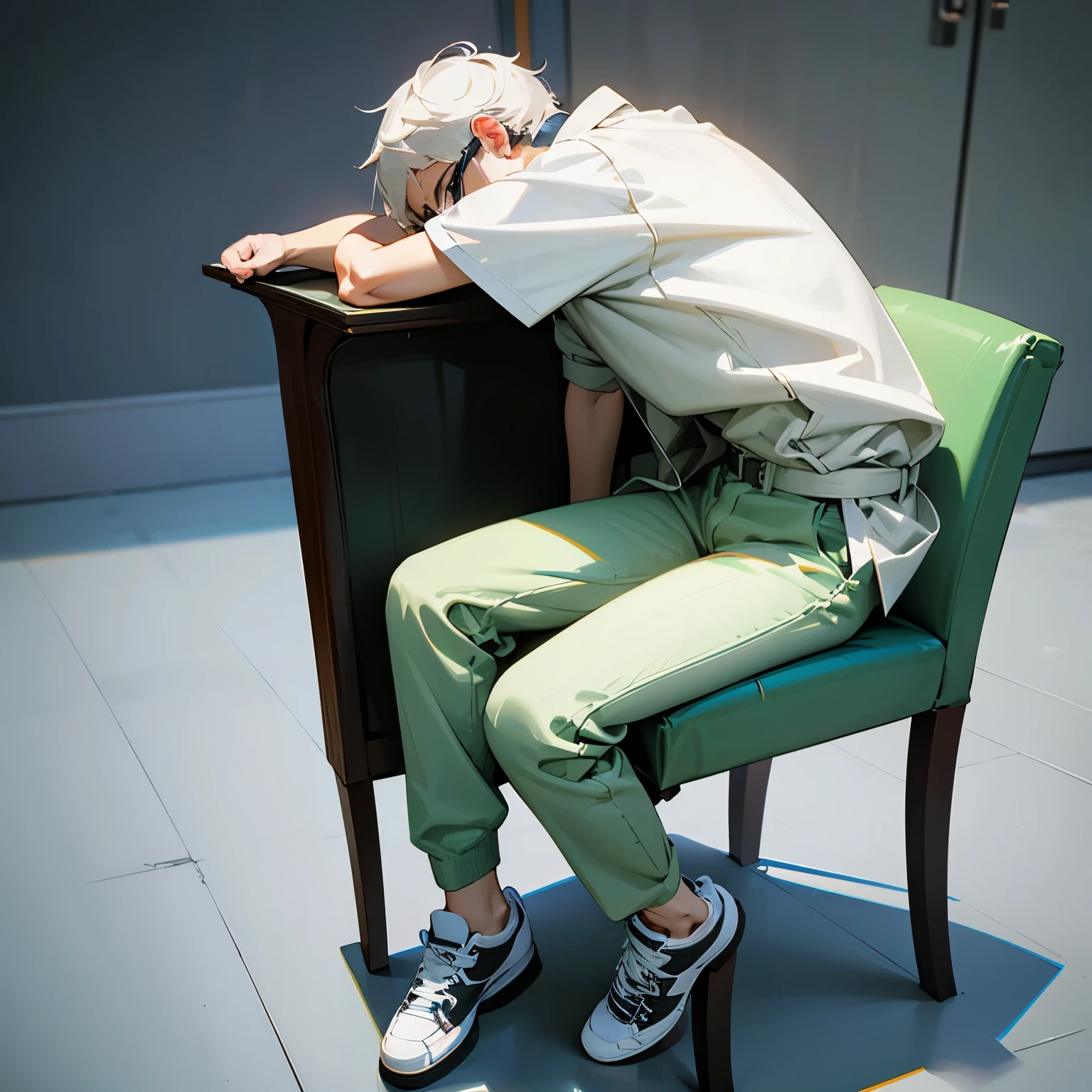 Create a 3D illustration featuring a realistic 18 year-old beautiful young boy busy to writing a coding on a chair in front of a 3d logo of WhatsApp. The character should have green and white pant coat tie, with Sneakers shoes, with glasses, The background of the image should showcase a social media profile page and the username "SaM' and a matching profile picture and modify it