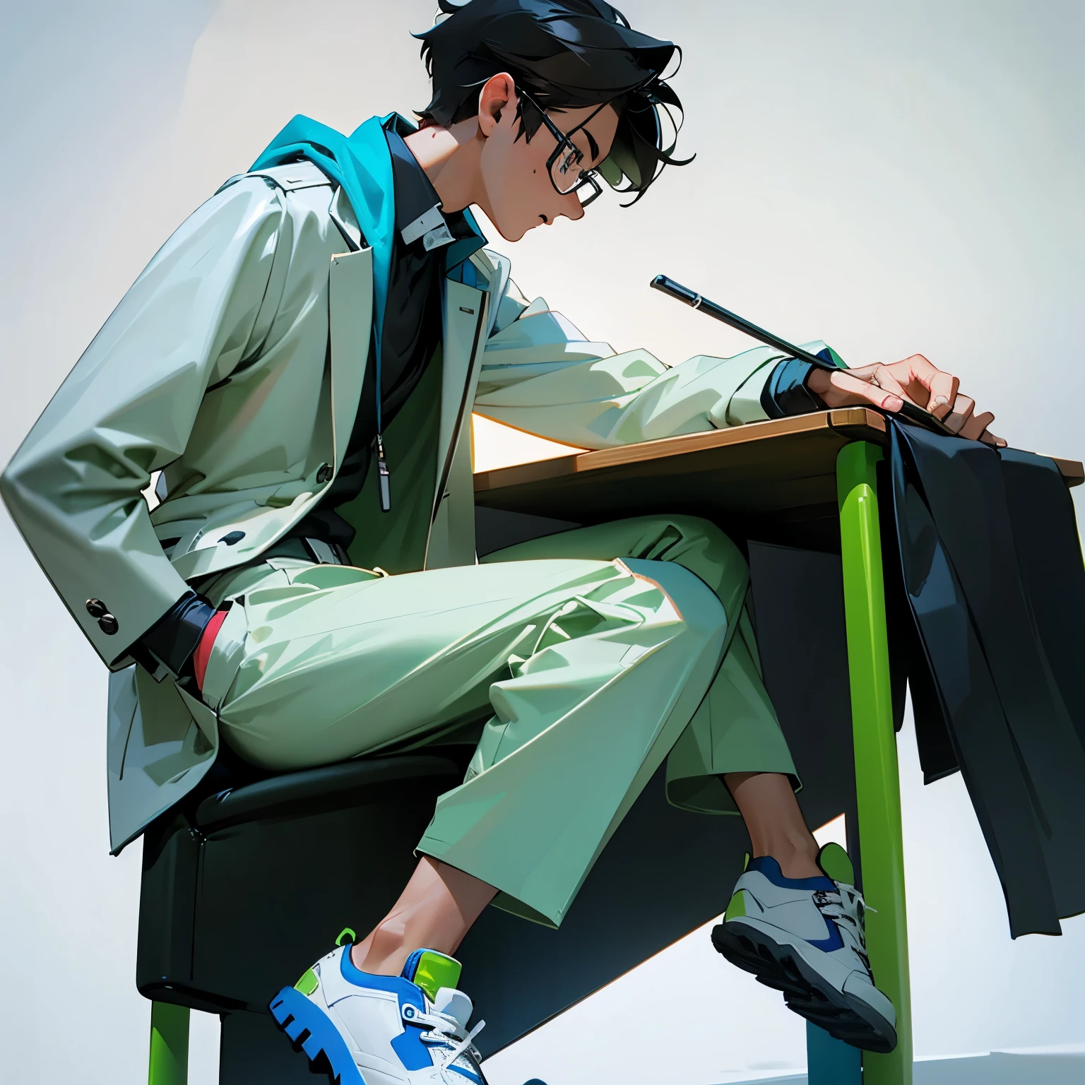 Create a 3D illustration featuring a realistic 18 year-old beautiful young boy busy to writing a coding on a chair in front of a 3d logo of WhatsApp. The character should have green and white pant coat tie, with Sneakers shoes, with glasses, The background of the image should showcase a social media profile page and the username "SaM' and a matching profile picture and modify it