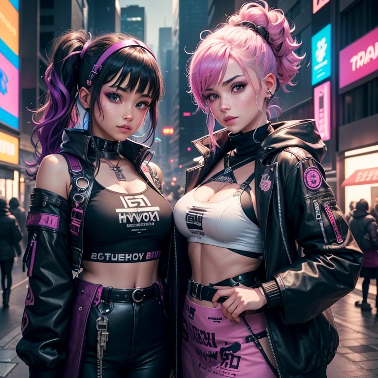 chef-d'artwork, best quality, 2 ((Souriant)) Des filles cyberpunk solidaires, Harajuku-inspired cyberpunk harness, couleurs et motifs audacieux, Des accessoires accrocheurs, coiffure tendance et innovante, Dazzling cyberpunk cityscape, grattes ciels, bright neon signs, LED lights, illustration animated, detailed skin texture, detailed fabric texture, beautiful detailed face, intricate details, Ultra detailed, cinema lighting, Fort contraste.