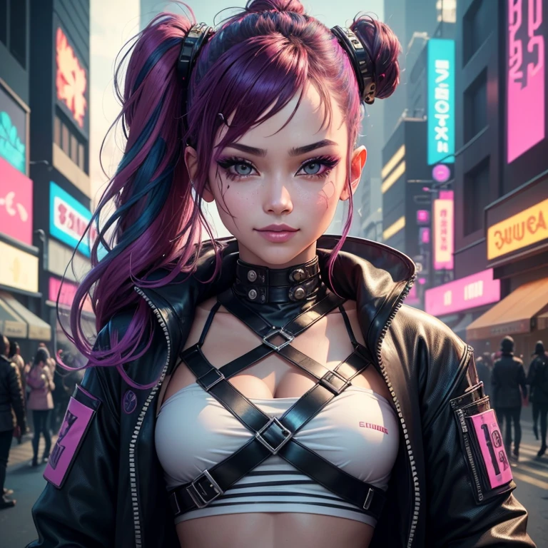 chef-d&#39;artwork, best quality, 2 ((Souriant)) Des filles cyberpunk solidaires, Harajuku-inspired cyberpunk harness, couleurs et motifs audacieux, Des accessoires accrocheurs, coiffure tendance et innovante, Dazzling cyberpunk cityscape, grattes ciels, bright neon signs, LED lights, illustration animated, detailed skin texture, detailed fabric texture, beautiful detailed face, intricate details, Ultra detailed, cinema lighting, Fort contraste.