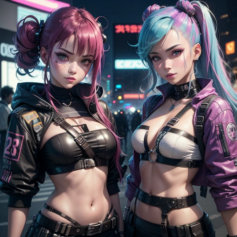 chef-d&#39;artwork, best quality, 2 ((Souriant)) Des filles cyberpunk solidaires, Harajuku-inspired cyberpunk harness, couleurs et motifs audacieux, Des accessoires accrocheurs, coiffure tendance et innovante, Dazzling cyberpunk cityscape, grattes ciels, bright neon signs, LED lights, illustration animated, detailed skin texture, detailed fabric texture, beautiful detailed face, intricate details, Ultra detailed, cinema lighting, Fort contraste.