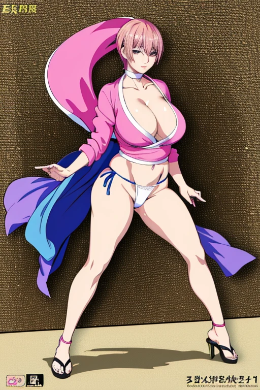 masterpiece, beautiful art, high resolution, best quality, 1 woman, solo, Ichika Nakano, short pink hair, big breasted, cleavage, blue_japanese_clothes, sexy outfit, wind blowing her pelvic curtain to show her white panties, full body, dancing seductively, sexy smirk, biting her lips, looking at the viewer, beach environment