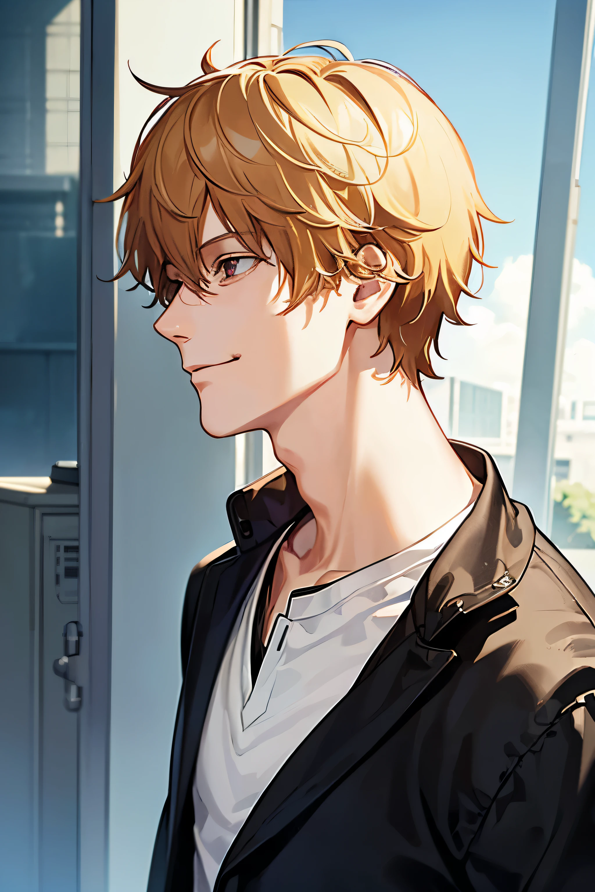 1boy, male_focus, short_hair, wilde_hair, (blonde_hair), solo, (masterpiece, top quality, best quality, official art), very detailed, colorful, most detailed, short hair, , handsome_man, wavy_hair, (upper_body), ((side_view, looking_at_viewer)), ((smirk)), closed_mouth, ken kaneki, artwork in the style of guweiz, best anime 8k konachan wallpaper, hajime yatate, in an anime style, satoru gojo, denji