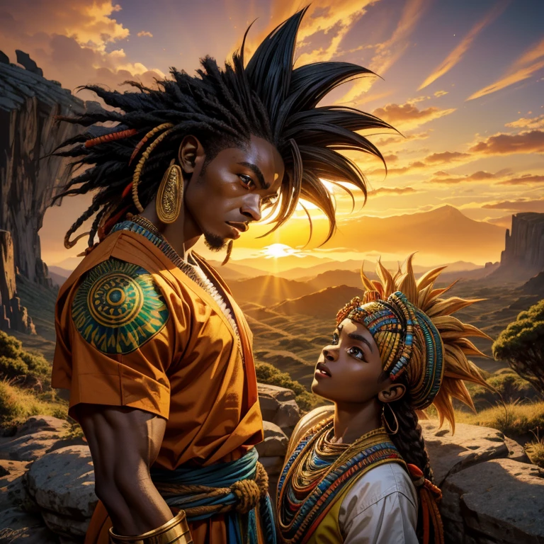 (Top Quality, 4k), Nigeria's Take on Goku, Two powerful figures, African warrior-inspired outfits, Bright colors representing Nigerian flag, Detailed tribal patterns, Energetic poses, Majestic mountainous landscape, Savanna sunset, Warm and rich color scheme, Anime fusion, Illustration, Ultra-detailed textures, Defined muscles, Realistic facial features, Clear and distinct facial expressions.