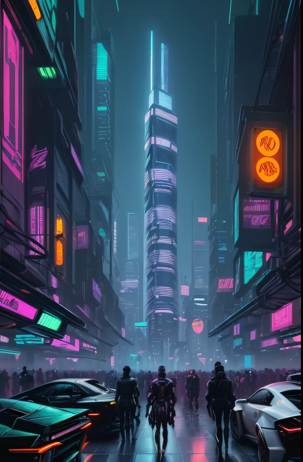 Digital illustration depicting a cyberpunk street scene similar to Syd Mead's vision, Characterized by neon-lit skyscrapers, Futuristic rides, And bustling crowds, Mainly in cool tones、Cybernetic enhancements are emphasized