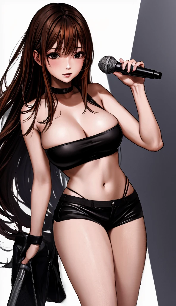 A beautiful adult woman with shoulder-length big breasts, beautiful legs, and a sharp face is holding a microphone and singing in the studio wearing a black tube top that exposes her navel and hot pants shaped like black panties.。