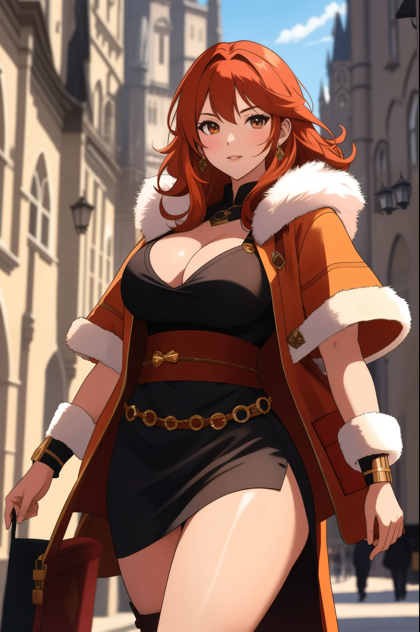 anime, detailed, depth of field, sunny, ginger hair, barbarian female, wide hips, fur coat, large breasts, medieval time, walking, being careful, serious look, front view, medieval city background