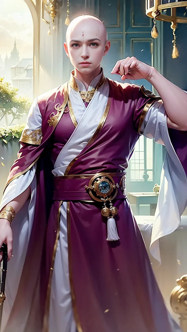 ((masterpiece)), HD clarity, monk,stand,cloth shoes, (((( 1 person, White sleeves, bald-headed, robe)))),(((1 teenager,bald-headed,monk,entire human body,tear nevus:))),(bald-headed:1.8),Cool sensation,Nature,peaceful,Childish。best quality,master painting:1.4),ultra high resolution,realistically,front lighting,intricate details,solo,(When young),looking at the audience,(Hollow pattern,White,silk),fit,VIP room,professional lighting,photon mapping,Radiosity,Physically based rendering,