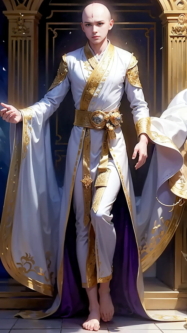 ((masterpiece)), HD clarity, monk,stand，cloth shoes， (((( 1 person, White sleeves, bald-headed, robe))))，(((1 teenager，bald-headed，monk，entire human body，tear nevus:)))，(bald-headed:1.8)，Cool sensation，Nature，peaceful，Childish。best quality，master painting：1.4），ultra high resolution，realistically，front lighting，intricate details，solo，（When ），looking at the audience，（Hollow pattern，White，silk），fit，VIP room，professional lighting，photon mapping，Radiosity，Physically based rendering，