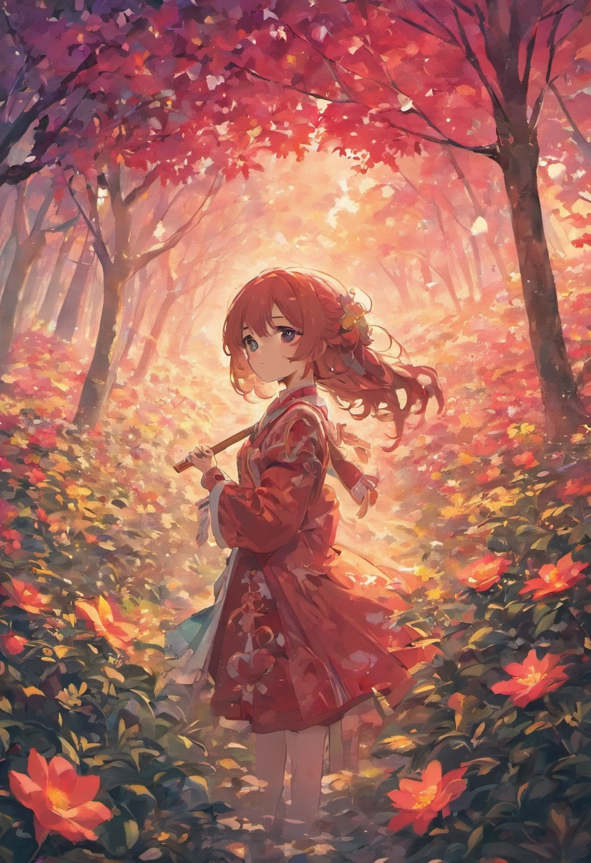 Quiero una chica pintando un cuadro de un paisaje con tonos rositas y oscuros no negros con sombras majestiales y arboles chinos