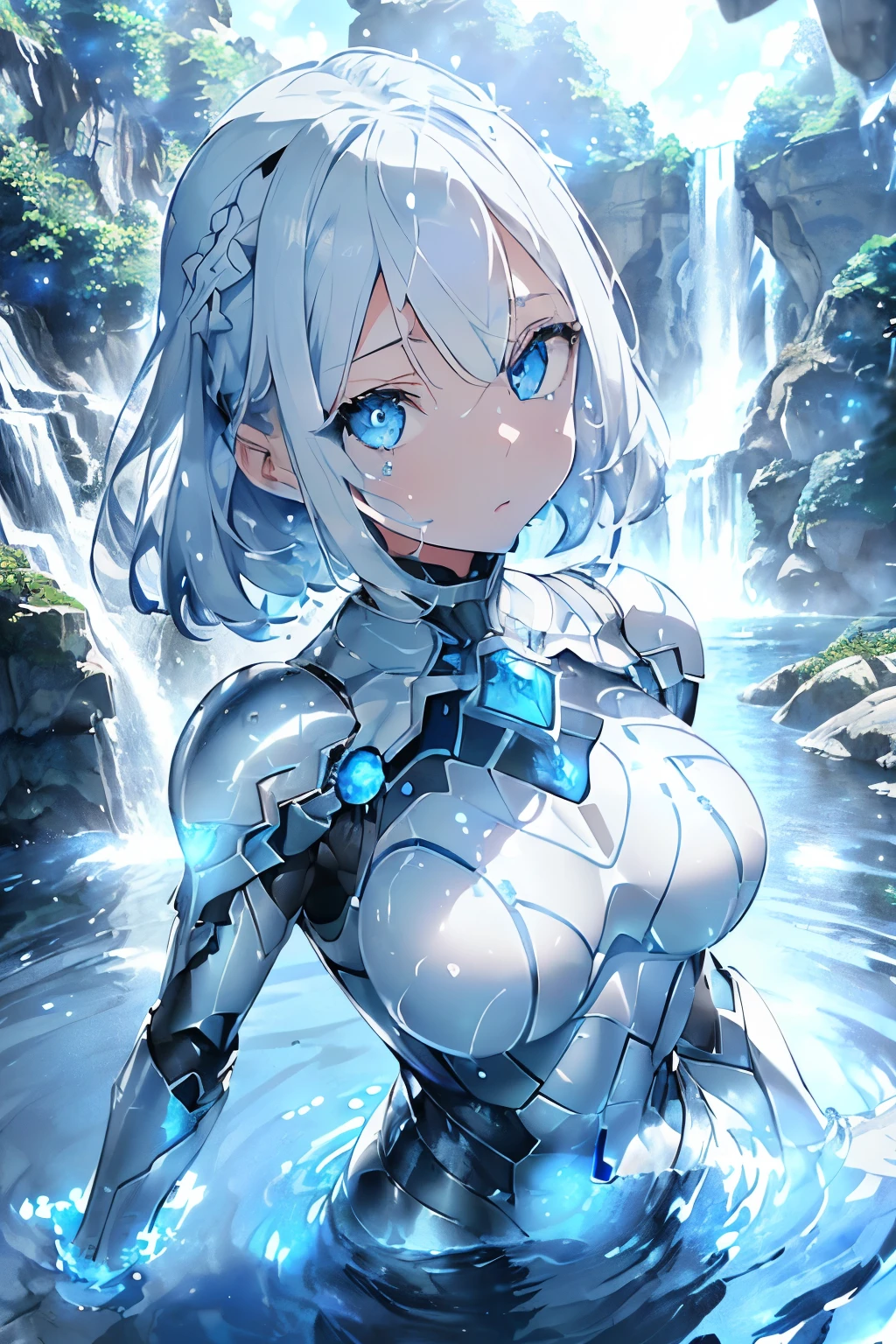 (blue eyed girl),(Blue eyes that reflect white light:1.1),(Clear Eyes Concept Art:1.2),Blue eyes,(Shine like the reflection of light in a photo),(super detailed:1.3),(eye reflection:1.2),(Close-up of one eye:1.2),(Large water droplets fill the screen:1.6),(middle point of view:1.2),(Armored suit that shines blue and white:1.35),(whole body:1.45),(waterfall:1.25),(flowingwater:1.3),