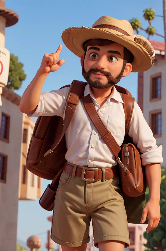 Mr scout with short brunette hair, ojos marrones, un poco de barba y con sombrero de explorador en Egipto