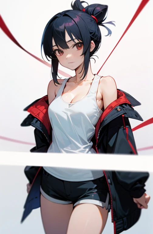 (((best quality, High resolution, japanese manga))) , red eyes, 1 girl, alone, looking at the viewer, topknot,hair bun, black hair, long sleeve, cleavage, medium breasts, closed mouth, clavicle, white tank top, open jacket, black jacket, shorts,Expressionless,Two-dimensional beautiful girl,Japan anime beautiful girl,Tie your hair with a red string