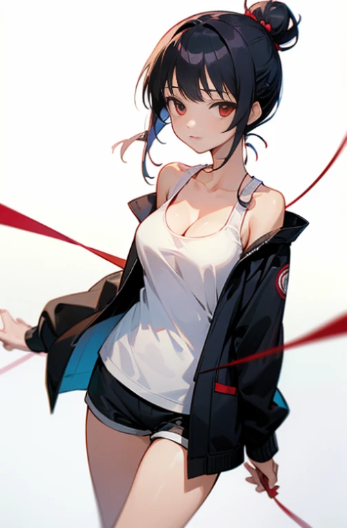 (((best quality, High resolution, japanese manga))) , red eyes, 1 girl, alone, looking at the viewer, topknot,hair bun, black hair, long sleeve, cleavage, medium breasts, closed mouth, clavicle, white tank top, open jacket, black jacket, shorts,Expressionless,Two-dimensional beautiful girl,Japan anime beautiful girl,Tie your hair with a red string