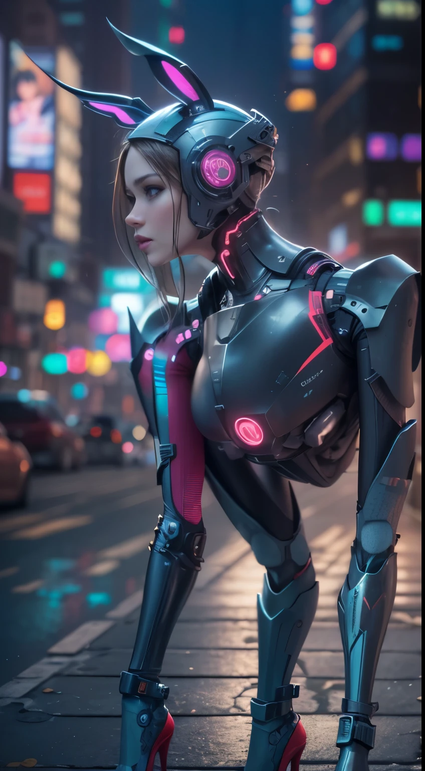 (highest quality,4K,8K,High resolution,masterpiece:1.2),super detailed,(realistic,realistic,realistic:1.37),[cyber punk,girl,The center of the photo,frontage，Mechanical,metalic,Robotic limbs],Futuristic cityscape,night,stand on the street，high heels，(wing),(Bunny ears),sci fi elements,Urban Chic,