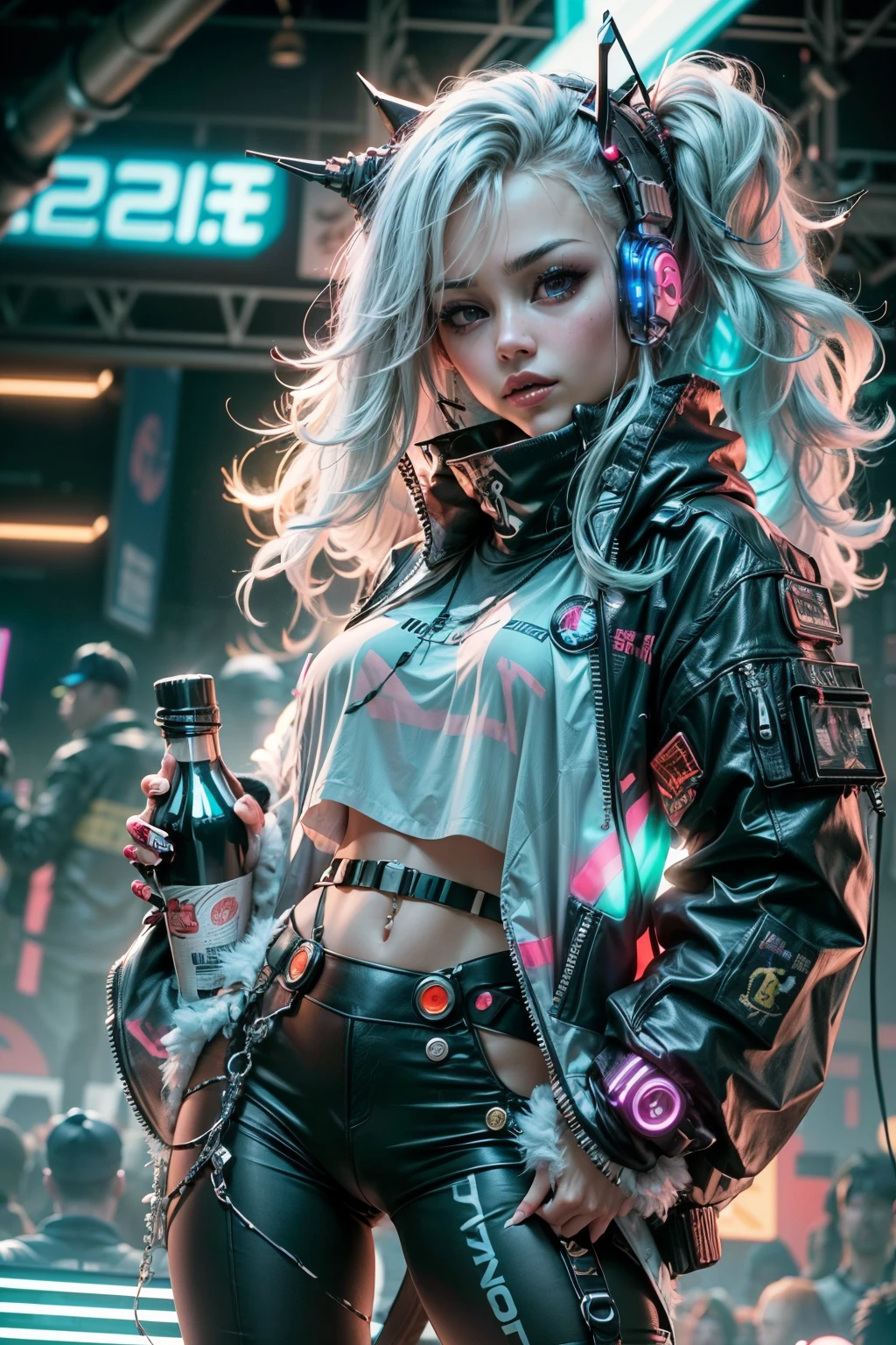 (((cyberpunk world))), Cyberpunk idol performing on a neon-lit stage, Charismatic and energetic, Surrounded by cheering crowds. Futuristic bass adds to the touching atmosphere. Dressed in cutting-edge cyberpunk fashion, Idols stand out under the bright neon lights of evening concerts. 🔥 cyberpunk worldの色を生き生きとさせましょう.