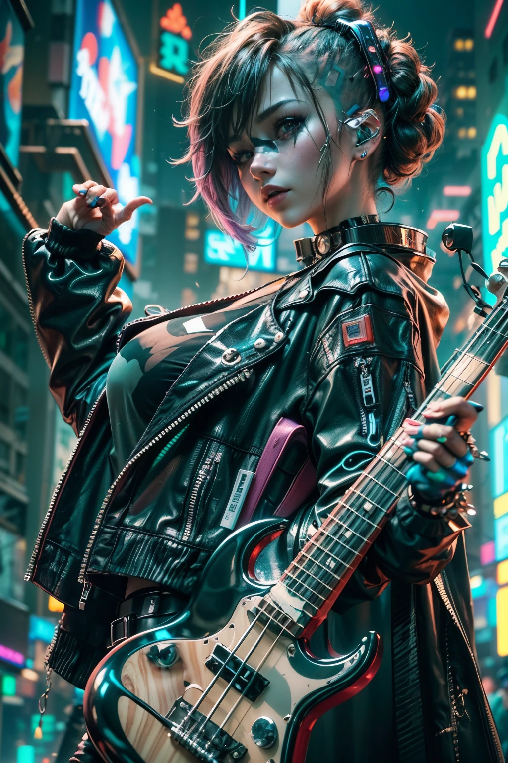 (((cyberpunk world))), Cyberpunk idol performing on a neon-lit stage, Charismatic and energetic, Surrounded by cheering crowds. Futuristic bass adds to the touching atmosphere. Dressed in cutting-edge cyberpunk fashion, Idols stand out under the bright neon lights of evening concerts. 🔥 cyberpunk worldの色を生き生きとさせましょう.