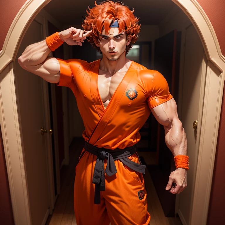 1boy, full body view, hovering in the air, gogeta, Anime, High Detailed, badass, (crossed arms), Confident Smile, muscular, (body_fur, red_fur:1.2), spiky hair, red hair, background: A destroyed city with a Beautiful blue sky with white clouds in back, anime style, add_detail:0,5, anime, akira toriyama, inspired by Akira Toriyama