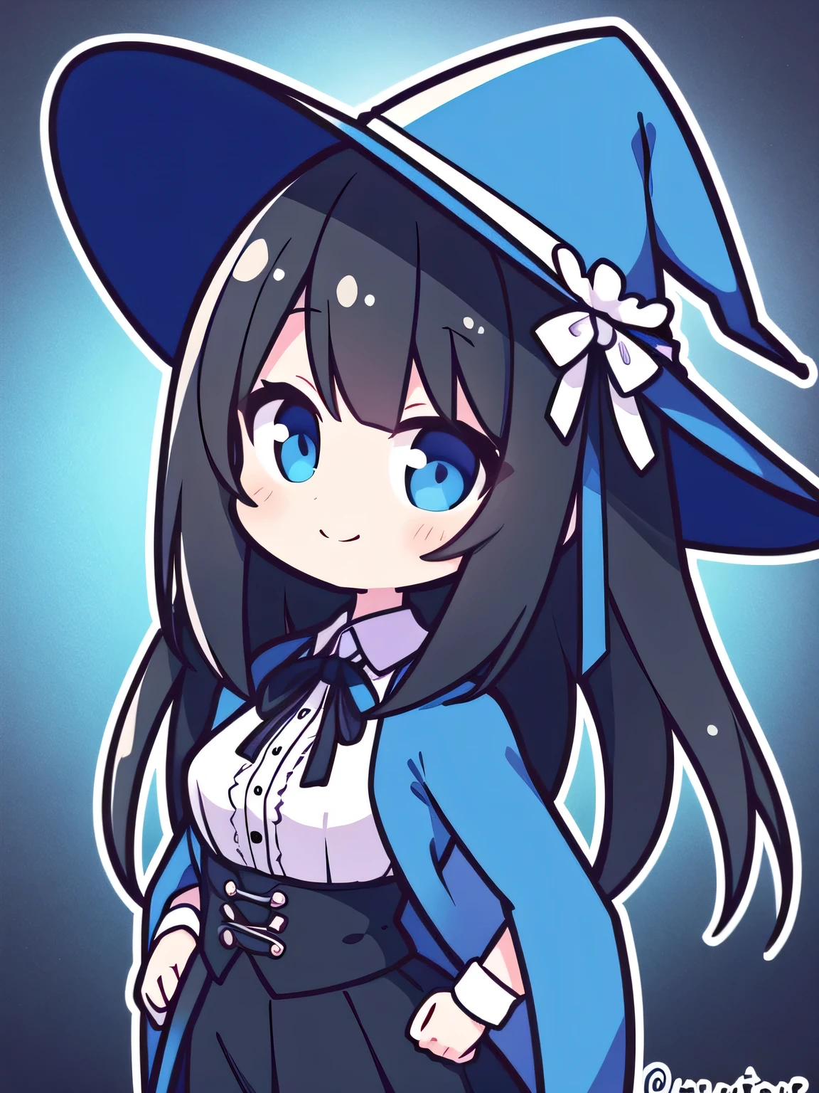 A young woman with blue robes and a black skirt and white shirt wearing a witch hat. She has dark blue eyes and light skin. Her black hair is straight and long, with a short white ribbon tied in it. She has a small-sized bust. The woman is smiling, with her arms at her sides. The image should have the best quality, with 4k or 8k resolution. It should be ultra-detailed and realistic, with vivid colors and sharp focus. The art style should be a portrait. The overall color tone should be blue, and there should be studio lighting to highlight the woman's features.