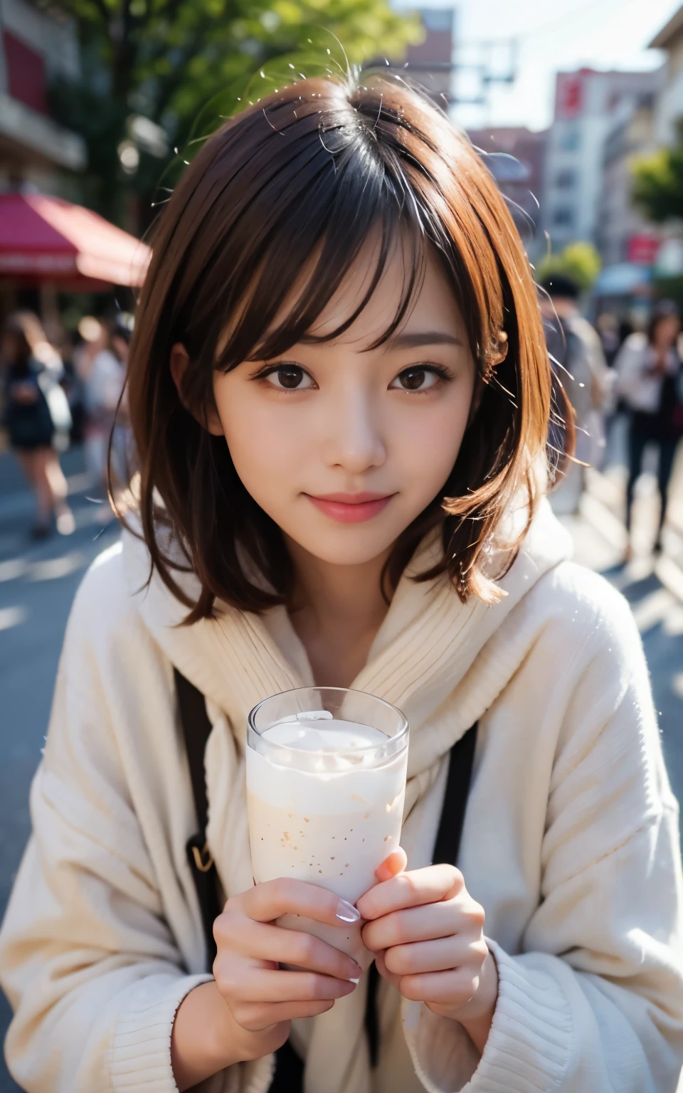 cute 21 year old japanese、amusement park、Clear skies、super detail face、pay attention to details、double eyelid、beautiful thin nose、sharp focus:1.2、Beautiful woman:1.4、(light brown hair,short hair、),pure white skin、highest quality、masterpiece、ultra high resolution、(Photoreal:1.4)、Highly detailed and professional lighting、nice smile、Show the whole body、Cute winter clothes、