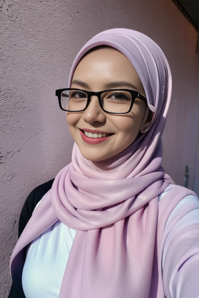 Digital drawing, brenizer effects, splash paint, young woman with smile face, big breasts, over the shoulder pose, long pastel white shawl with purple t-shirt, wide-frame glasses, background digital art graffiti on black wall, ultra details any aspect of drawing, UHD 8K