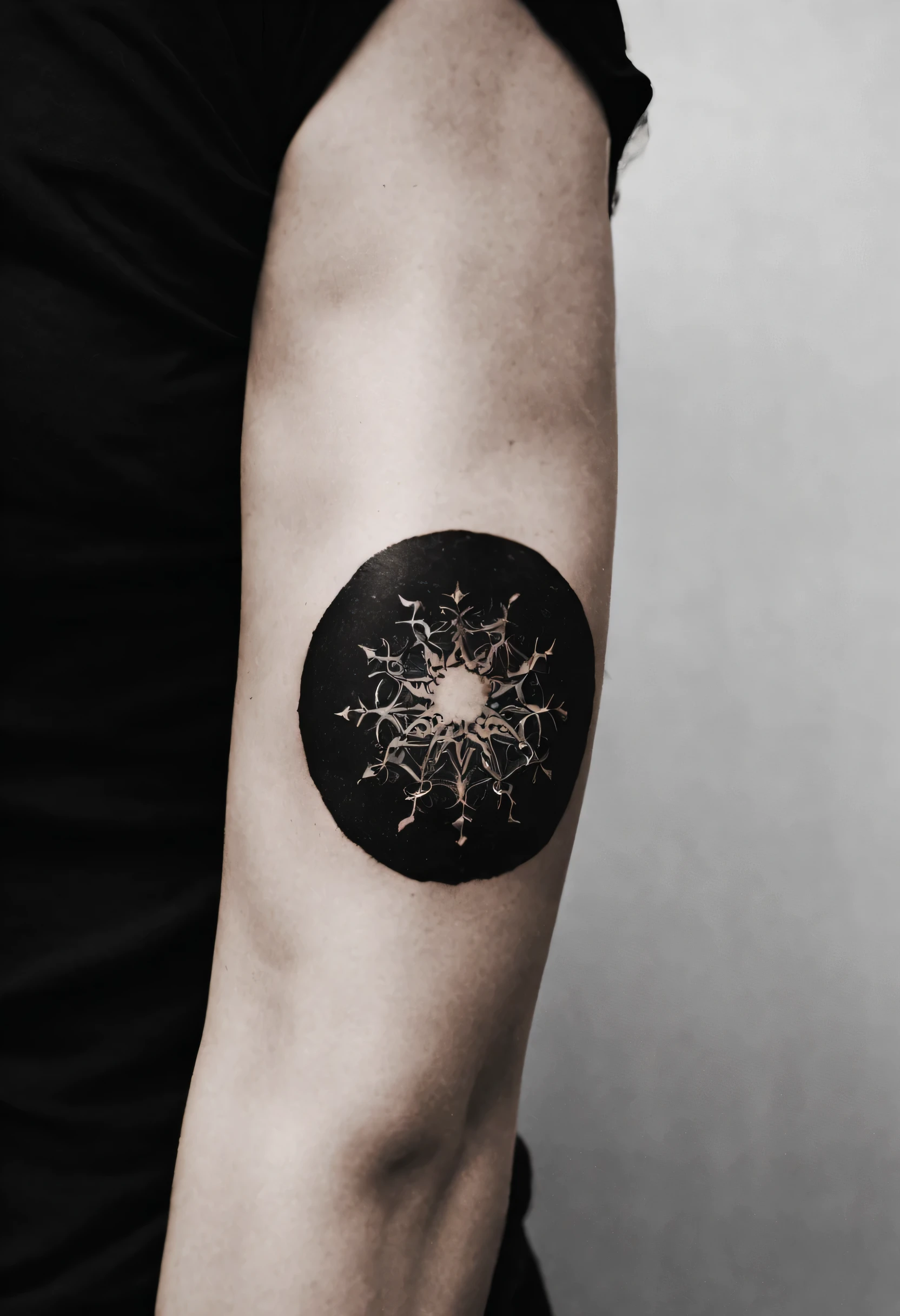 A little elbow tattoo, black, represented by the lyrics: "I am nothing but the sum of my regret Anchored to this hollow shell, numbness swallows me Flooding horizons in a blaze of frost and snow Lost in the folds inside the infinite dreamscape On the precipice of where worlds collide Remind me of the feeling lost in the distance Cleanse me of this soulless existence"