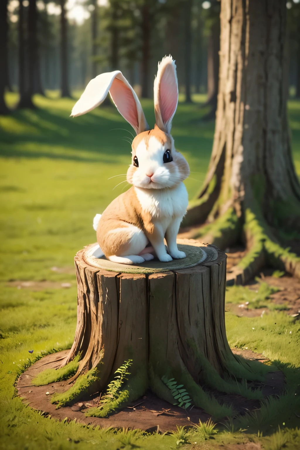 Cute little bunny sitting on tree stump