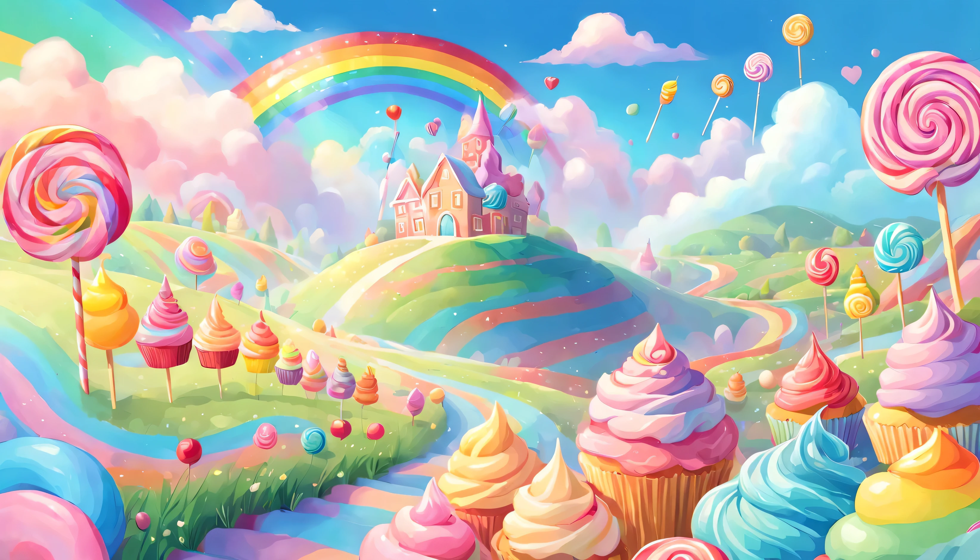 a land filled with love and candy, soft outlines, magnificent, celestial, ethereal, painterly, epic, majestic, magical, fantasy art, dreamy, oversaturated, vibrant candy in front view, cotton candy, sugar candy stripe rainbow, lollipops, cream fields, rainbow river, colorful stairs, cupcakes, waffles, elementss on sides, center view of candy field in the distance and rainbow