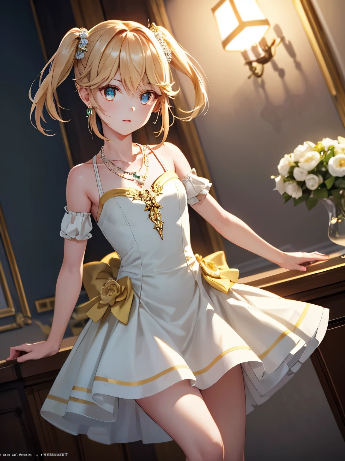 masterpiece, highest quality, tart 、Golden hair,figure, blue, platinum earrings, Platinum Necklace, white dress, 1 girl, cute, (dynamic lighting:1.2), cinematic lighting, delicate features, fine eyes, sharp pupils, realistic student, Depth of bounds written, whole body、Absolute reference to center, Many Small Gems,Carboy Shot、beautiful thighs、