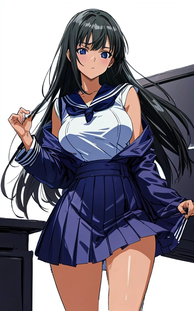 A beautiful woman with shoulder-length black hair, big breasts, beautiful legs, and a sharp face is standing in a sailor suit with a white miniskirt, showing light blue and blue striped panties, and glaring at an elderly man in a suit.。