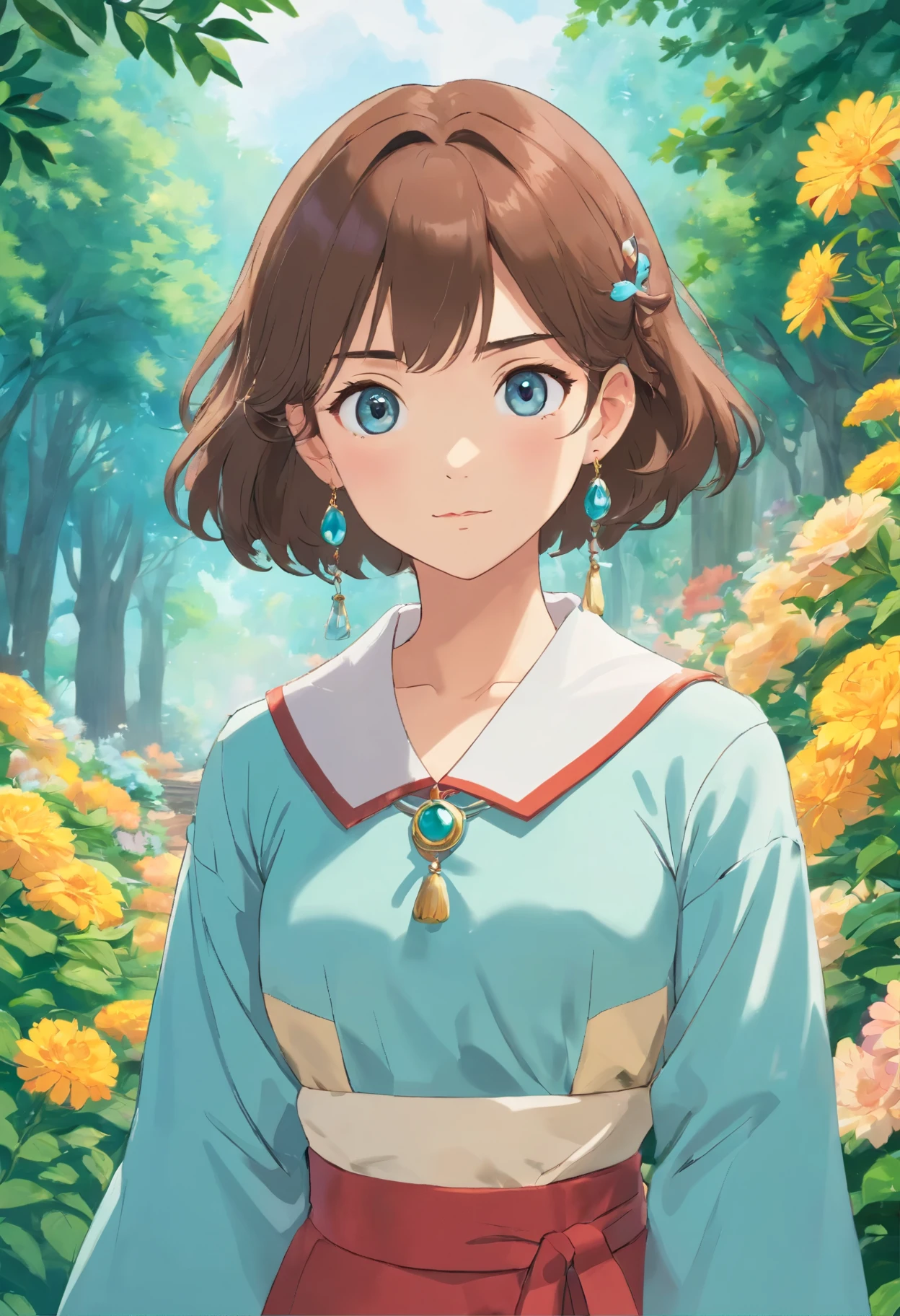 (best quality,4k,8k,highres,masterpiece:1.2),ultra-detailed,(realistic,photorealistic,photo-realistic:1.37),portraits,anime,landscape,colorful,tranquil gardenscapes,masami teraoka,aquamarine,paul gauguin,Embry style,honest portrayal,a girl in a garden,wearing an anime collar,long necklace and earringsカジュアルな服装に、