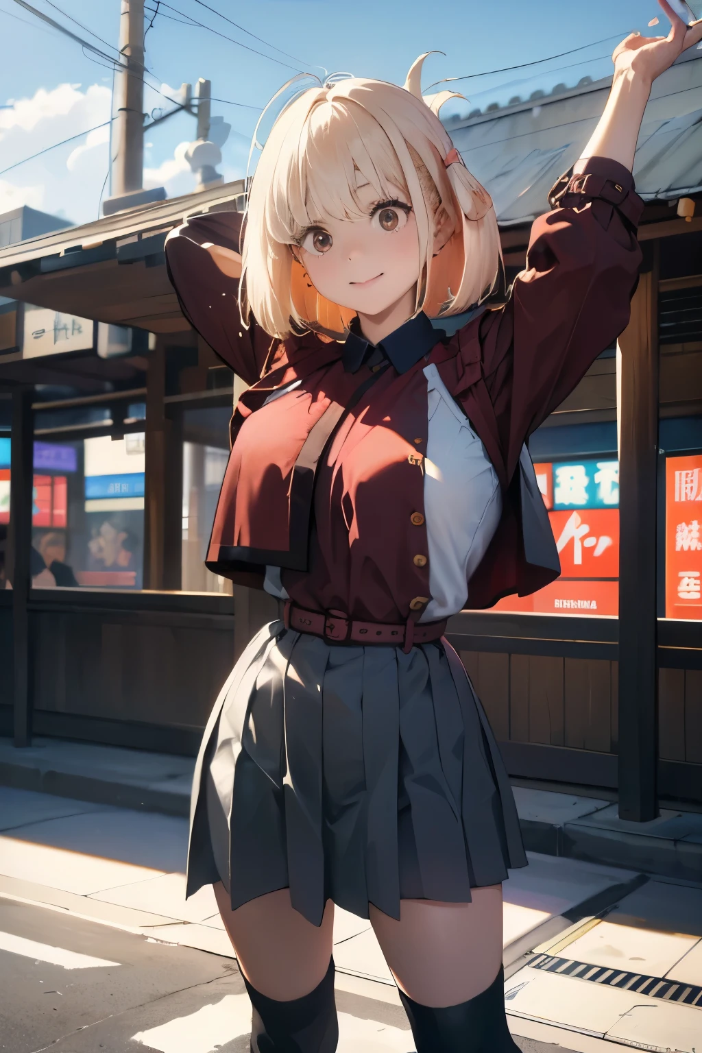 (top-quality、in 8K、32K、masterpiece、nffsw、ighly detailed:1.2)、cowboy shot, (blue open sky、Shinjuku、In front of the station:1.4)、beautiful shadow、beauitful face、blurry backround、-yeld beiful girl、shinny skin, Beautiful black hair、Blunt bangs、 Katyusha、side poneyTail、Brown eyes、off shoulder blouse、pleatedskirt、long boots、miscievous smile、Raising arms、jamping、Hip Hop Cable、