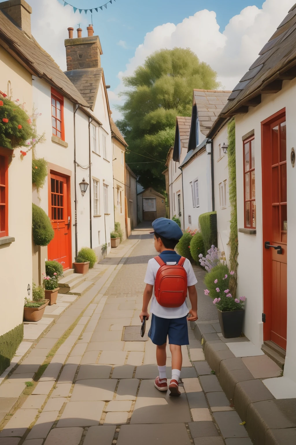 Along the cobbled streets of a quaint village in the 2020s, a tween Latino boy, with a newsboy cap and a linen shirt, bicycles past charming stone cottages and traditional red telephone booths, a picturesque English countryside scene.