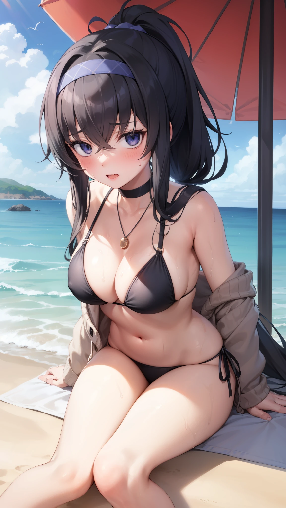 1girl,dark circles,Kozeki Ui,shaded,((black bikini)),blush,heavy breathing,steam,cleavage,((high ponytail)),pendant,sweating,bellybuttom,on beach,((Sitting on the floor holding your knees)),legs,bare legs,((feet)),((five toes)),under the beach umbrella, backlighting,