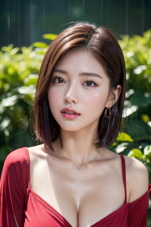 One Girl in the Rain、Blushing cheeks、gazing at viewer、Heavy rain、Big chest slip、A sheer party dress that adheres to the chest when wet.No umbrella、under the rain、Girl without an umbrella、Wet face,wetted skin、a wet body、wet costume、Wet hair、flower、hair pin、a necklace、Looking up from under the earrings、depth of fields、pointed red mouth、(short hair of reddish-brown color wet and shiny,,,,,,),Red mouth,鎖骨、Beautiful fingers、Hourglass body、portrait of a full body、Wet cute face、Digital Illustration, (Photorealsitic:1.3),(Raw photo.), (masutepiece,top-quality,Ultra-high resolution output image,) (The 8k quality,),(Image Mode Ultra HD,),(Image Mode Ultra HD)、