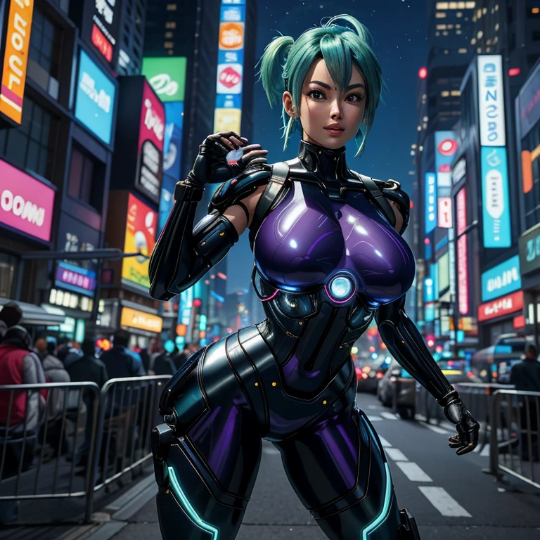 Anime-style image of Bulma with a curvaceous figure, boasting large breasts and an ample derriere. Her outfit is vibrant and colorful, fitting snugly to her body. Her design is detailed and intricate, a perfect blend of human and cybernetic elements. The background is a bustling cityscape with neon lights illuminating the night sky. The image is rendered in 8k resolution, with a cinematic illumination that enhances the sleek and glossy appearance of Bulma's cybernetic enhancements.
The sounds of the city filter through, a mix of humming machinery and chatter from the crowd. The scent of the city's unique